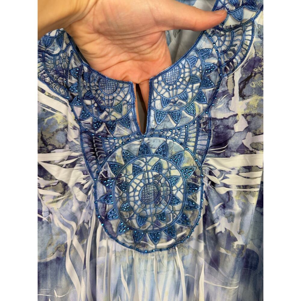 World Unity Top Womens 1X Blue Tunic Embellished Boho Festival Hippie Artsy Y2K - Picture 3 of 8